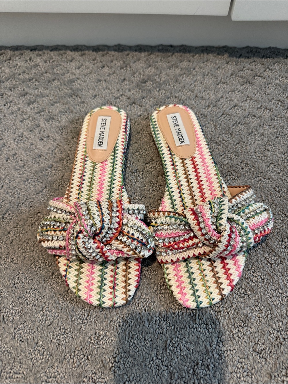 Steve Madden Multicolor Braided Knot Slide Sandals - White, Pink, Green, Brown